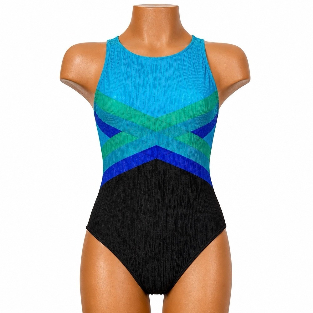 Vintage 80's Jantzen One Piece Swimsuit Medium Retro Black Blue Bathing suit